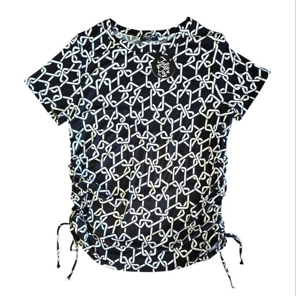 Jolie & Jolie Black White Chain Printed Side Tie Ruching Blouse 2X NWT - Picture 3 of 12